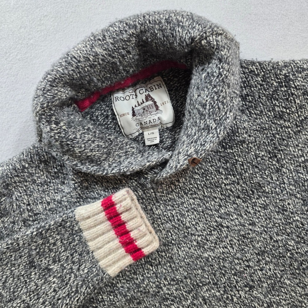 Roots Mens Large Gray Sweater Cabin Shawl Collar Elbow Patch Wool Blend Marled